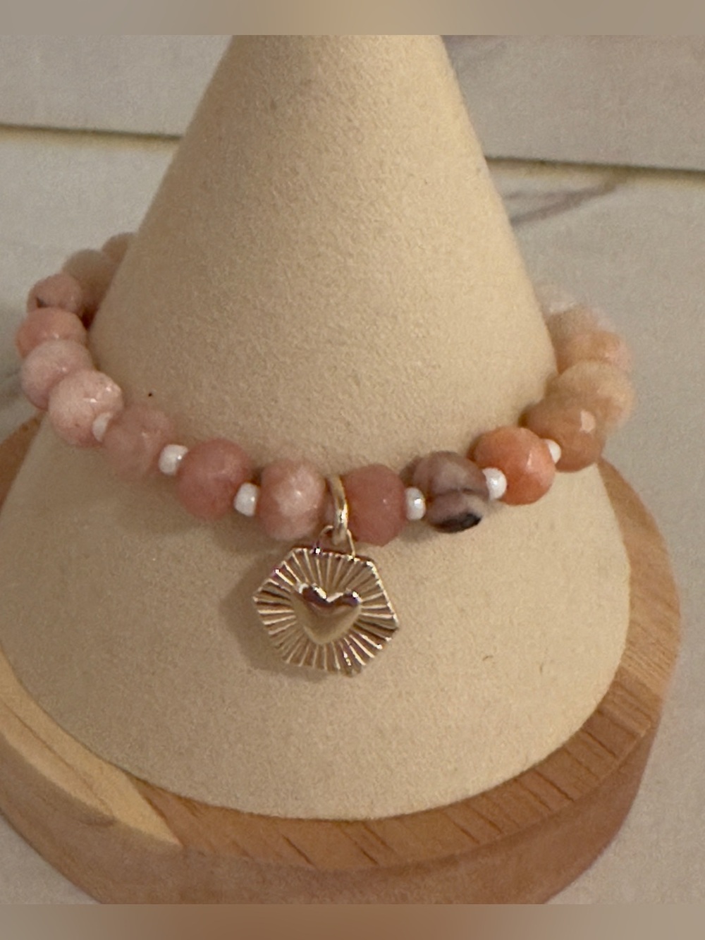 Rose Quartz Beaded Bracelet with Gold Heart Charm - Pink